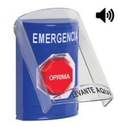 STI SS24A9EM-ES Boton Multiproposito Color Azul De Superficie Con Tapa De Policarbonato Con Bocina Para Interior Girar Para Restablecer Texto De Emergencia Espanol