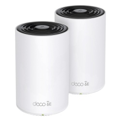 TP-LINK DECOXE75-2PACK Kit 2 Routers Inalambricos MESH Interior para Hogar / Doble Banda Wi-Fi 6E AX5400 Mbps / 3 Puerto Gigabit WAN/LAN / 4 Antenas Internas / Administracion Mediante la App Deco (iOS