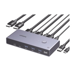 UGREEN 25962 Conmutador KVM DisplayPort 8K | DP 1.4 | 2 Entradas 1 Salida | 4 Puertos USB 3.0 (3 USBA *1 USBC) | Soporta 8K@60Hz | HDR | Control de Escritorio | Carcasa de Aluminio | Indicador Led | C