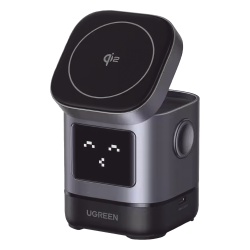 UGREEN 45775 Cargador Inalambrico Robot 2 en 1 UGREEN Qi2 / 15W Ultra Rapido para iPhone / 5W para AirPods / Pantalla Inteligente con Expresiones / Imanes N48H / Puerto USB-C 5W para Apple Watch / Com