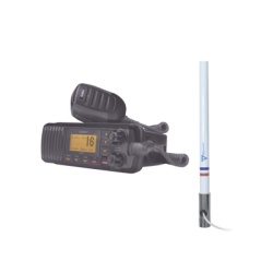 UNIDEN UM-385BK/KIT5101 Kit de radio UM385BK | mas antena marina de fibra de vidrio TX-5101SYS/10M fabricada en fibra de vidrio con base roscable de acero inoxidable