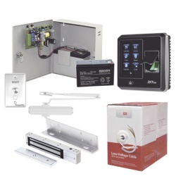 AccessPRO ACCESSKIT5P Sistema Completo de Acceso Incluye Lector Biometrico SF300 Chapa magnetica con bracket Cierra puerta Boton de Salida Cable " Gratis " y fuente profesional con Bateria