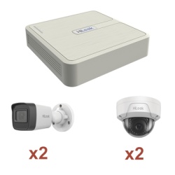 HiLook by HIKVISION KIP2MP/2B2D Kit IP 1080p (2 Megapixel) / NVR de 4 Canales con 4 Puertos PoE / 2 Camaras IP Bala para Exterior con microfono y Dual light / 2 Camaras IP Domo para Exterior