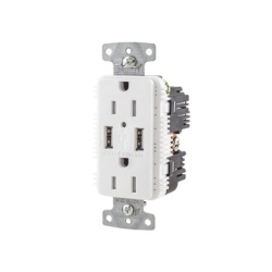 HUBBELL HUB-USB-15A-5W Contacto Duplex con 2 Puertos USB 15A 125V 2 Polos 3 Hilos Color Blanco.