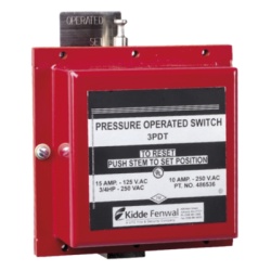 KIDDE 81-486536-000 Switch operado por presion 3PDT (triple polo doble tiro) para sistemas de extincion contra incendios con agente limpio y CO2 conexion a tuberia de 1/2 pulgada NPT
