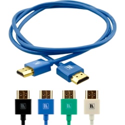 KRAMER C-HM/HM/PICO/BL-3 Cable HDMI Ultra Delgado Alta Velocidad con Ethernet | 4K@60Hz (4:4:4) | 18Gbps | Conector HDMI Delgado 16 mm (0.63 in) | Radio de Curvatura 36 mm (1.42 in) | Triple Blindaje | Conectores Chapados en Oro 24K | 0.9 m | Azul