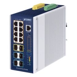 PLANET IGS-6329-8UP2S4X Switch Industrial Capa 3 de 8 Puertos 10/100/1000T PoE 802.3bt 2 Puertos SFP 1 G/2.5 G 4 Puertos SFP 10G Instalacion en Pared o Puerto DIN.