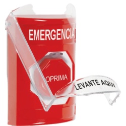 STI SS20A2EM-ES ??Boton Multiproposito Color Rojo De Superficie Con Tapa De Policarbonato Con Bocina Pre Alarma Solo Interior Llave Para Restablecer Texto De Emergencia Espanol