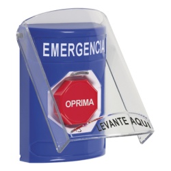 STI SS2429EM-ES Boton Multiproposito Color Azul De Superficie Con Tapa De Policarbonato Sin Bocina Prealarma Para Interior Girar Para Restablecer Texto De Emergencia Espanol