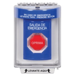 STI SS2438EX-ES Boton Multiproposito Salida De Emergencia Reset Neumatico Sin Bocina Texto En Espanol Tapa De Policarbonato 2 Relevadores forma C Interior y Exterior