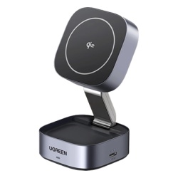 UGREEN 35316 Cargador Inalambrico 2 en 1 25W / Tecnologia Magnetica Qi 2 / 15W para Telefono + 5W para Auriculares / Puerto USB-C 5W / Protecciones Multiples / Cable USB-C Incluido