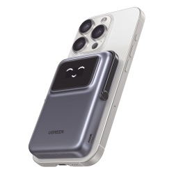 UGREEN 45327 Power Bank Serie UNO Inalambrico | 10000mAh | 7.5W/20W | Con Emojis de Estado | Carga Rapida USB-C Bidireccional | Pantalla TFT Inteligente | Con Holder | Color Grey.