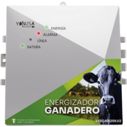 YONUSA SYSGAN25KV2 Energizador Ganadero / 10,000 Volts / 0.2 a 5.0 Joules Ajustable / 25 km Lineales / Alimentación 90-260 Vca y 12 Vcd / Panel Solar / NEMA 2