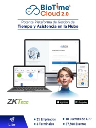 ZKTECO ZKT0820146 ZKTECO BIOTIMECLOUDLITE - Licencia de Asistencia en la Nube para 25 Empleados 3 Terminales 37 500 Eventos y 10 Cuentas de App Suscripcion por un Ano