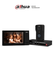 DAHUA DHI-KTP02 - Kit de videoportero IP con monitor táctil de 7" de 8GB de memoria embebida, soporte para alarmas 6&1, frente de calle con apertura remota y tarjetas Mifare (IC Card). Incluye un switch PoE de 4 puertos 10/100.