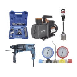EPCOM POWERLINE KITPROMIN Kit profesional / Mini split / Bomba de vacio 2RS-2R-R32 / Manometro HBSBZ6 / Kit Abocardado CT809 / Rotomartillo HR2630J / Broca PSTC02003
