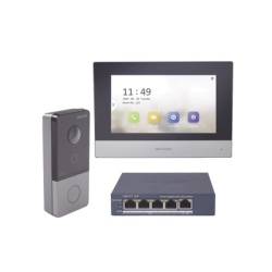 HIKVISION DS-KIS603-P/S Kit de Videoportero IP + Switch Poe Poe Estandar con llamada a App de Smartphone (HikConnect) / Apertura con tarjeta MIFARE / Frente de calle IP65 / Soporta 1 Departamento