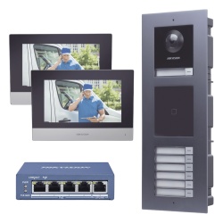 HIKVISION DSKIS-MULTI-7AP Kit Videoportero IP / 2 Megapixel / 7 Departamentos / 2 Puertas / IP65 / PoE / Empotrado