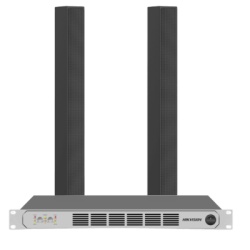 HIKVISION DSQAPKIT2 Kit Amplificador Clase D / 2×250W @ 8Ω / 4 Entradas XLR / 4 Salidas Speakon / 2 Bocinas Columna 150W / Respuesta 100 Hz - 18 kHz