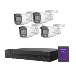 HiLook by HIKVISION HL-1080-CV/A/512GB Kit TurboHD 1080p + SSD 500 GB / DVR 4 Canales / 4 Camaras Bala ColorVu con Microfono Integrado / Fuente de Poder / Accesorios de Instalacion