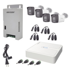 HiLook by HIKVISION HL-1080P-4B-TWA Kit HiLook Audio Bidireccional TurboHD 1080p / DVR Metalico 4 Canales / 4 Camaras Bala (Exterior) con Bocina y Microfono Integrado / 1 Fuente de Poder / Accesorios