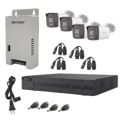 HiLook by HIKVISION HL-2080P-4B-TWA Kit HiLook Audio Bidireccional TurboHD 1080p / DVR Metalico 4 Canales / 4 Camaras Bala (Exterior) con Bocina y Microfono Integrado / 1 Fuente de Poder / Accesorios