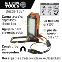 KLEIN TOOLS 56-403 Lampara de LED para Trabajo Personal Recargable y Magnetica (53 x 130 x 42 mm). 2 Potencias a elegir. Puede Cargar Smartphone - Img 7