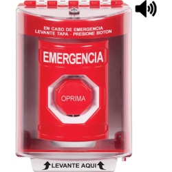 STI SS2082EM-ES ?Boton Multiproposito Color Rojo De Superficie con Espaciador C/Tapa De Policarbonato C/Bocina Pre Alarma Interior/Exterior Llave Para Restablecer Texto De Emergencia Espanol