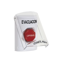 STI SS2322EV-ES Boton de Evacuacion Texto en Espanol Tapa Protectora de Policarbonato Super Resistente Restablecimiento con Llave
