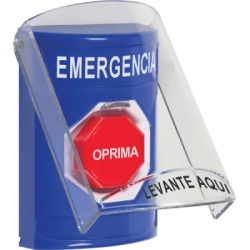 STI SS2422EM-ES ?Boton Multiproposito Color Azul De Superficie Con Tapa De Policarbonato Sin Bocina Pre Alarma Solo Interior Llave Para Restablecer Texto De Emergencia Espanol