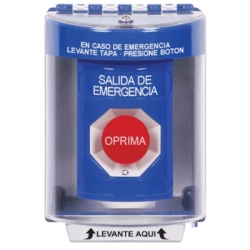 STI SS2471EX-ES Boton Multiproposito Color Azul De Superficie Con Tapa De Policarbonato Sin Bocina Para Interior/Exterior Llave Para Restablecer Texto Salida De Emergencia Espanol