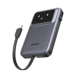 UGREEN 35603B Power Bank Serie Uno | 10000mAh | 30W | con Cable USB-C Incorporado | 2 Salidas 30W Max. | Pantalla Inteligente | Carcasa Ignifuga | Aprobado por Aerolineas.| Color Grey.
