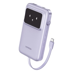 UGREEN 35604B Power Bank Serie Uno | 10000mAh | 30W | con Cable USB-C Incorporado | 2 Salidas 30W Max. | Pantalla Inteligente | Carcasa Ignifuga | Aprobado por Aerolineas.| Color Purple.