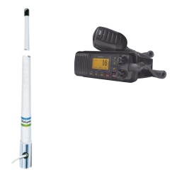 UNIDEN UM-385BK/5101 Kit de radio movil VHF marino modelo UM-385 color negro y antena marina Shakespeare en fibra de vidrio 5101