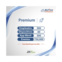 ZKTECO ZKT0820135 LICENCIA PREMIUM BIOTIME CLOUD 2.0 / 500 USUARIOS / 60 DISPOSITIVOS (Licencia Anual)