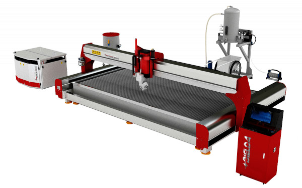 Waterjet cutting machine BPW3020BA, Bridge style structure, 5-Axis cutting head, cutting angle 0°-75°.