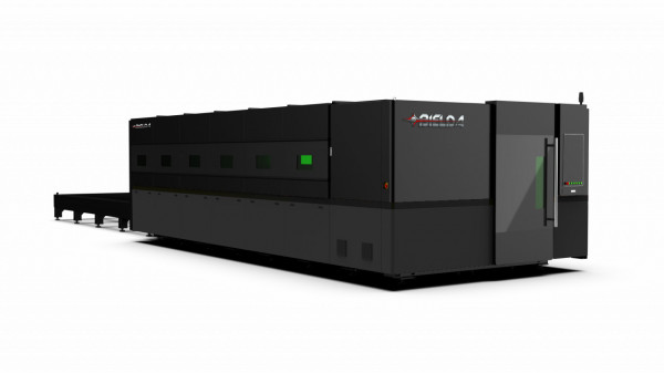 Enclosed laser cutting machine Bielda MP Series, Raycus/IPG laser source, plate chassis, aluminum crossbeam.