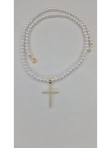 Colier Perle Argint placat Aur dama Cruce Zirconiu