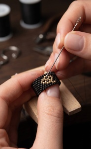 Alet - Inel Handmade Lat cu Model Trifoi din Margele Miyuki Placate cu Aur