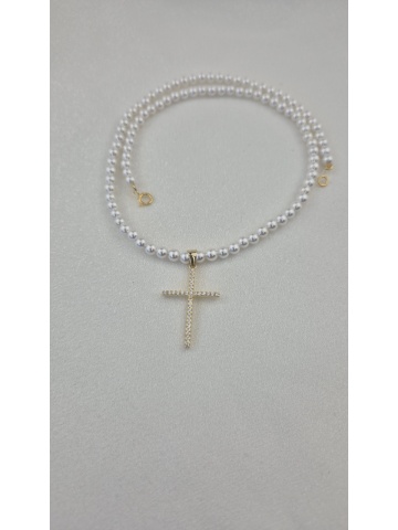 Colier Perle Argint placat Aur dama Cruce Zirconiu