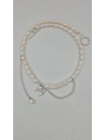 Colier Handmade Perle Naturale Argint Rândunică