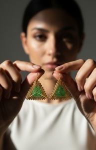 Alet - Cercei Handmade Miyuki Triunghiu, Margele Verzi-Auriu si Tortite Placate Aur