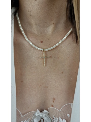 Colier Perle Argint placat Aur dama Cruce Zirconiu