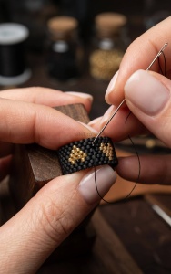 Alet - Inel Handmade Lat Negru cu Inima din Margele Miyuki Placate cu Aur