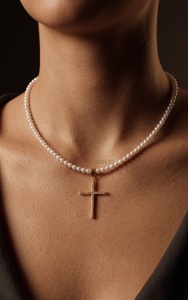 Colier Argint Perle Cruce Zirconiu