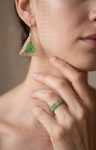 Set Cercei si Inel Miyuki Verde cu Accente Aurii Argint 925