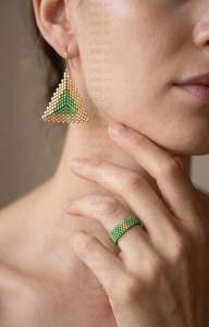 Set Cercei si Inel Miyuki Verde cu Accente Aurii Argint 925