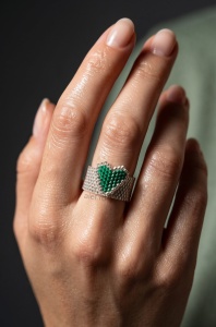 Inel Lat Miyuki Argintiu cu Inima Verde 3D