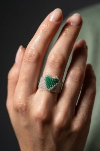 Inel Lat Miyuki Argintiu cu Inima Verde 3D