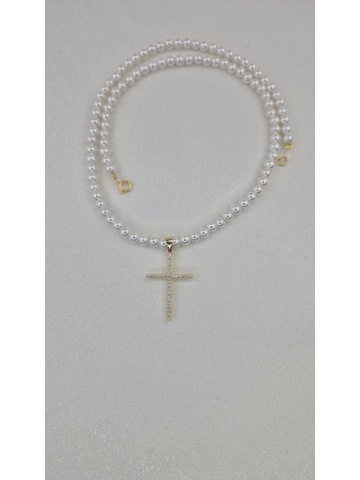 Colier Perle Argint placat Aur dama Cruce Zirconiu